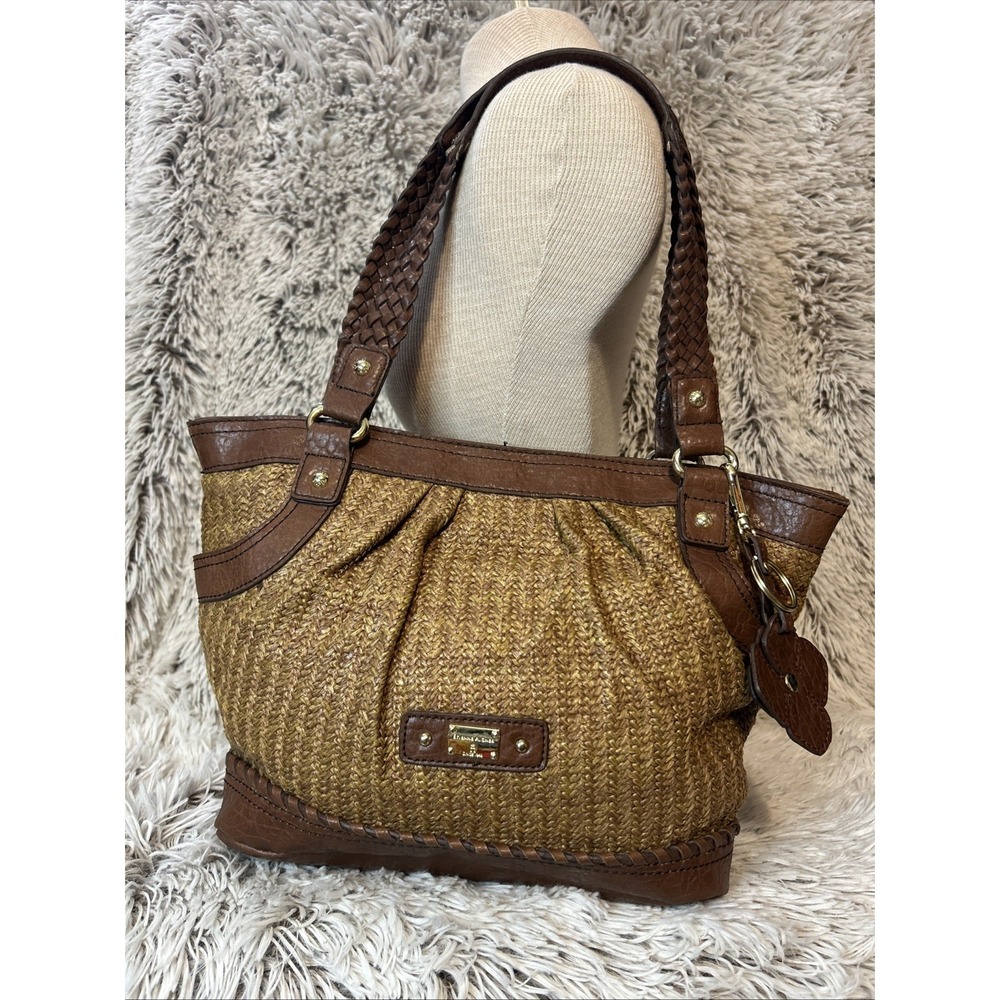 Etienne Agner Tan Rattan Woven Hangbag‎ Braided Strap Faux Leather Striped Logo